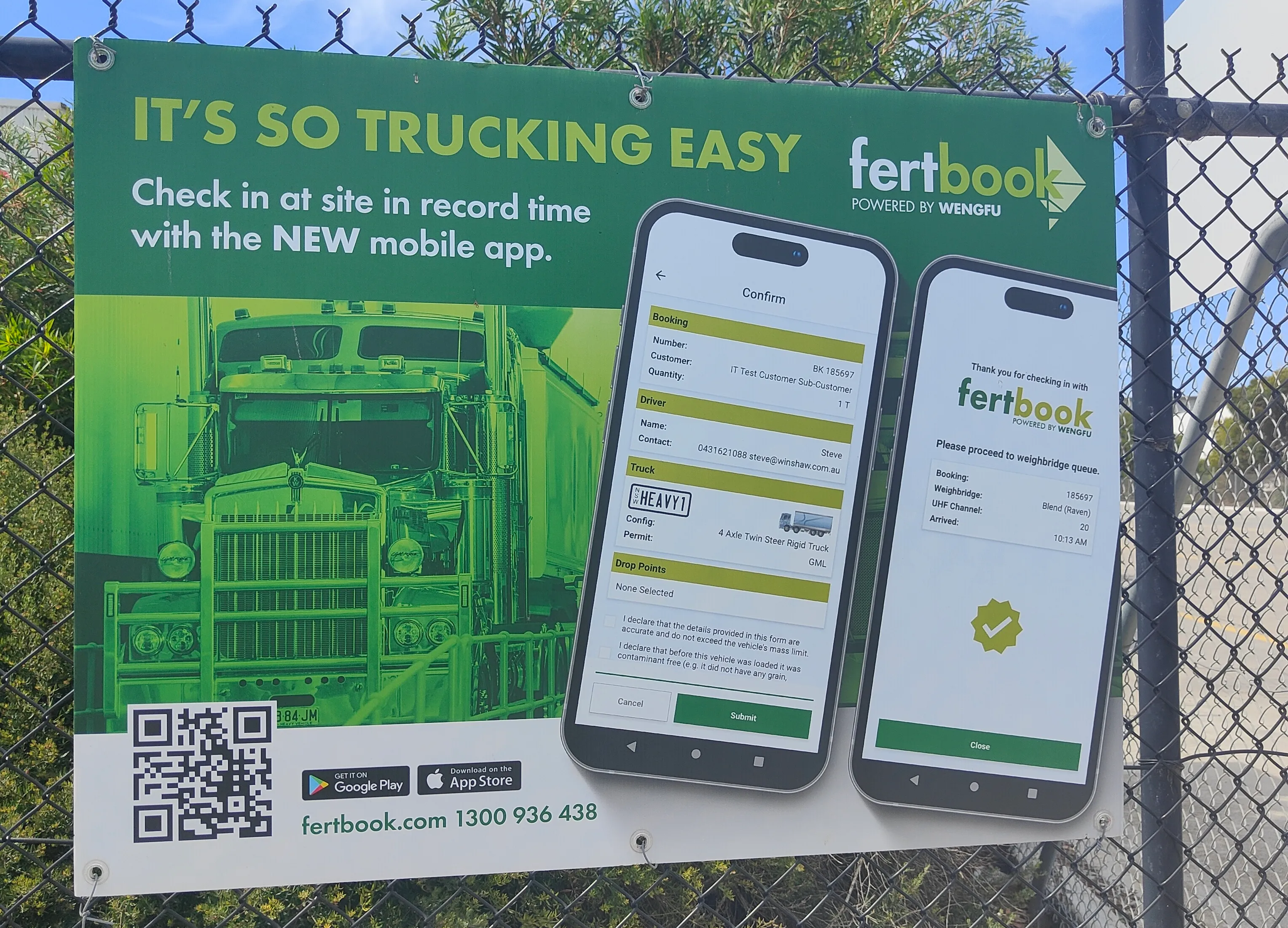 Fertbook check-in signage at a distribution site in Geelong